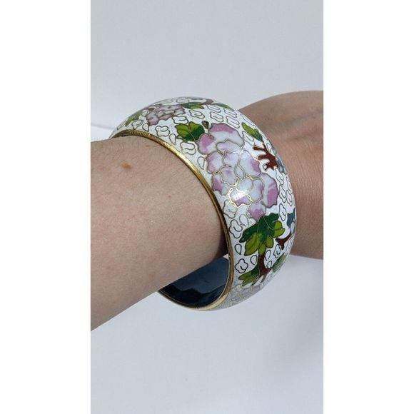 Large Wide Vintage Cloisonne Enamel Bangle Bracelet - Flowers Leaves Clouds - Picture 10 of 16